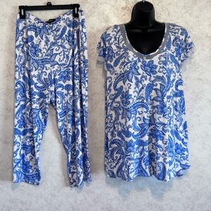 Ellen Tracy Pajama Set Short Sleeve Crop Pants Blue Paisley Size Large Net Trim